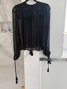 Free People Sheer Black Embroidered Boho Blouse